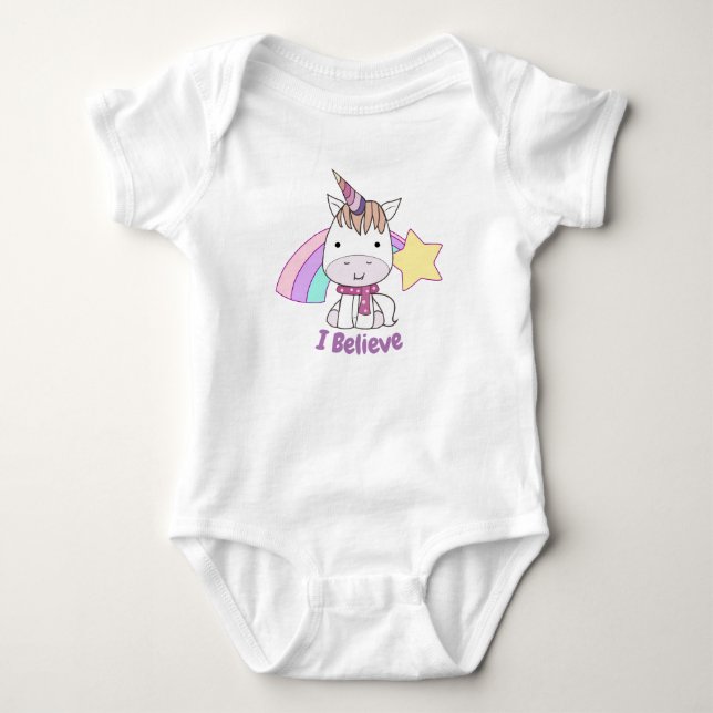 Cute Cartoon Baby Unicorn and Rainbow Baby Bodysuit (Front)