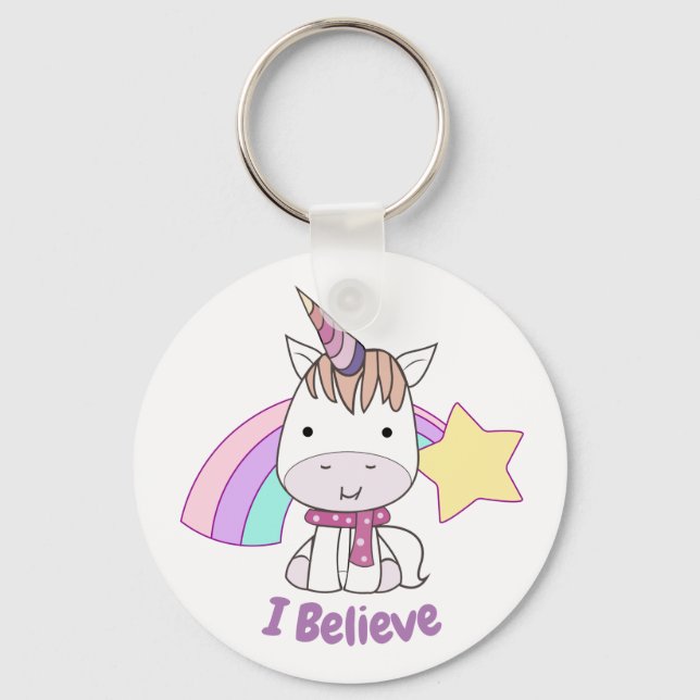 Cute Cartoon Baby Unicorn and Rainbow Keychain (Front)