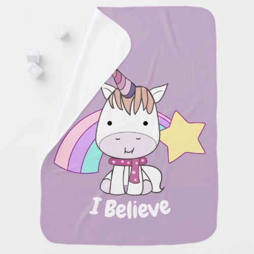 Cute Cartoon Baby Unicorn and Rainbow Purple Baby Blanket