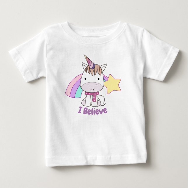 Cute Cartoon Baby Unicorn and Rainbow T-Shirt (Front)