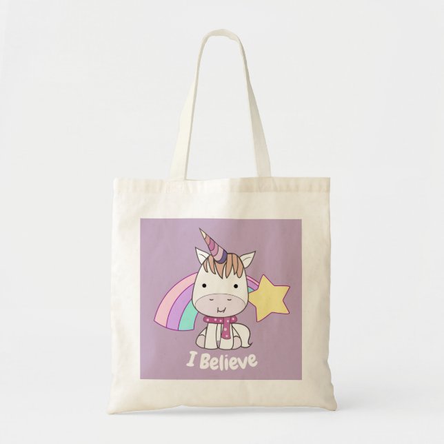 Cute Cartoon Baby Unicorn and Rainbow Tote Bag (Front)