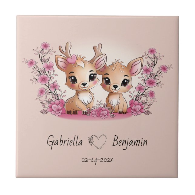 Cute Cartoon Bambi Lovers Heart Valentine’s Day Ceramic Tile (Front)