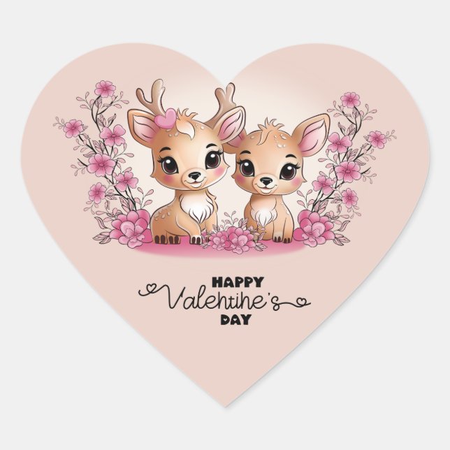 Cute Cartoon Bambi Lovers Heart Valentine’s Day Heart Sticker (Front)