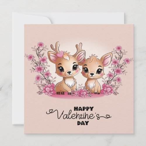 Cute Cartoon Bambi Lovers Hearts Valentines Day Holiday Card