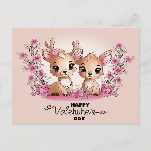 Cute Cartoon Bambi Lovers Hearts Valentines Day Postcard