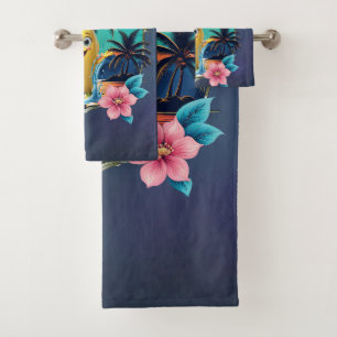 Cute cartoon banana on the tropical beach.  bath towel set