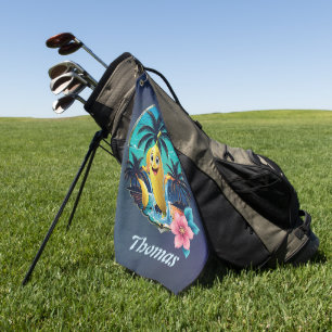 Cute cartoon banana on the tropical beach.  golf towel
