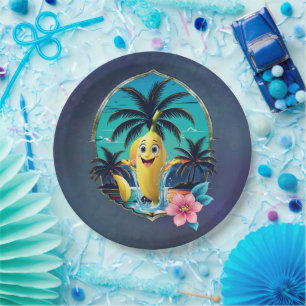 Cute cartoon banana on the tropical beach. paper plates