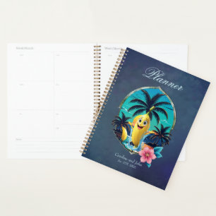 Cute cartoon banana on the tropical beach. planner