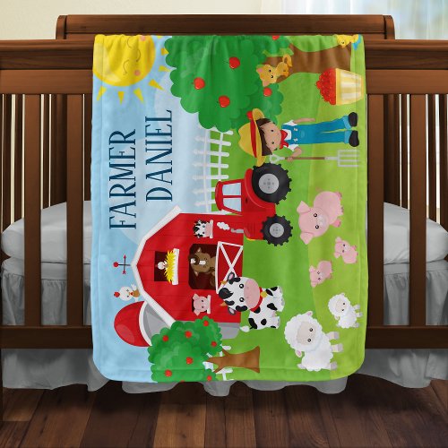 Cute Cartoon Barnyard Animals Farmer and Tractor Baby Blanket