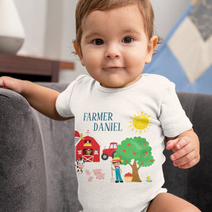 Cute Cartoon Barnyard Animals, Farmer, and Tractor Baby Bodysuit