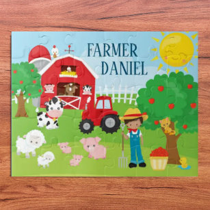 Cute Cartoon Barnyard Animals, Farmer, and Tractor Jigsaw Puzzle