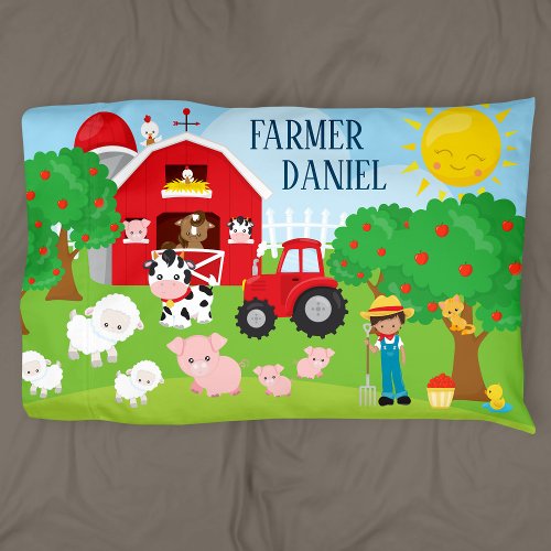Cute Cartoon Barnyard Animals Farmer and Tractor Pillow Case