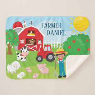 Cute Cartoon Barnyard Animals, Farmer, and Tractor Sherpa Blanket