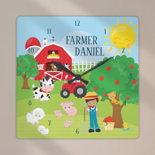 Cute Cartoon Barnyard Animals Farmer and Tractor Square Wall Clock
