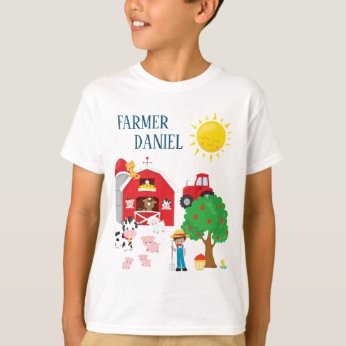 Cute Cartoon Barnyard Animals Farmer and Tractor T_Shirt