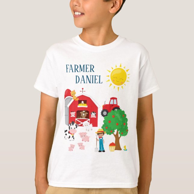 Cute Cartoon Barnyard Animals, Farmer, and Tractor T-Shirt (Front)