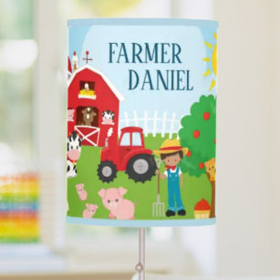 Cute Cartoon Barnyard Animals, Farmer, and Tractor Table Lamp