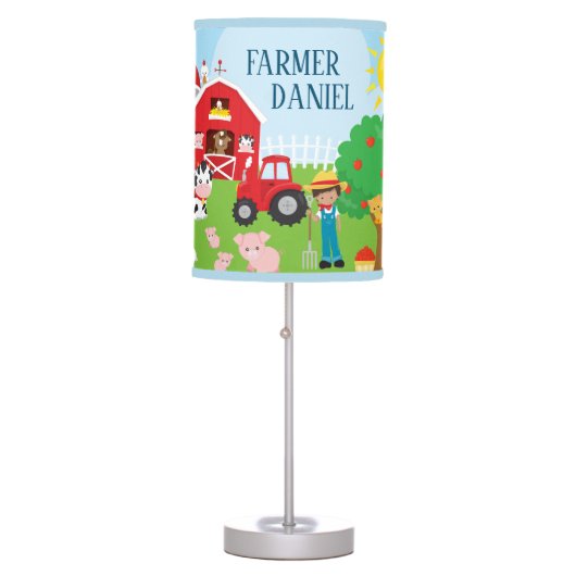 Cute Cartoon Barnyard Animals, Farmer, and Tractor Table Lamp (Front)