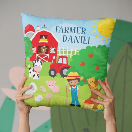 Cute Cartoon Barnyard Animals Farmer and Tractor Throw Pillow