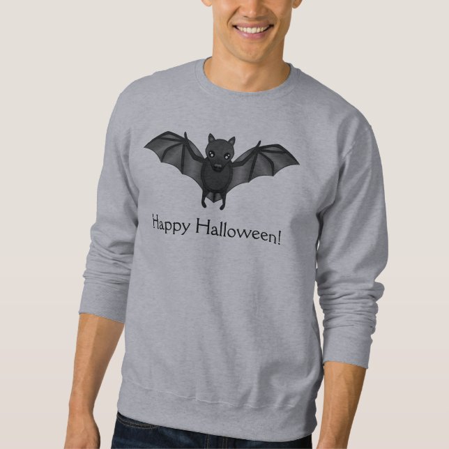 Cute Cartoon Bat And Happy Halloween Text Sweatshirt (Front)
