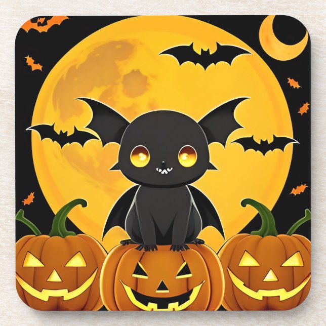 Cute Cartoon Bat and Jack-O'-Lantern Pumpkins Beverage Coaster (Front)