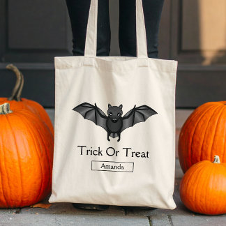 Cute Cartoon Bat Halloween Trick Or Treat &amp; Name Tote Bag