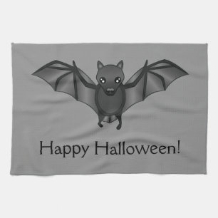 Cute Cartoon Bat With Happy Halloween Text Kitchen Towel