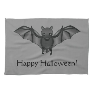 Cute Cartoon Bat With Happy Halloween Text Kitchen Towel