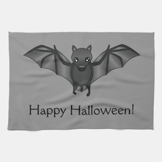 Cute Cartoon Bat With Happy Halloween Text Kitchen Towel (Horizontal)