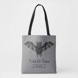 Cute Cartoon Bat With Trick Or Treat Text &amp; Name Tote Bag