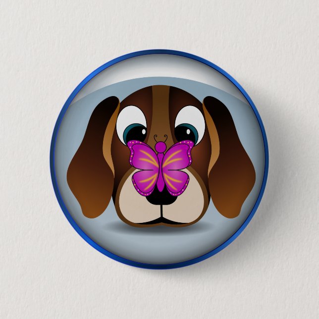 Cute Cartoon Beagle Puppy Dog and Butterfly Round Pinback Button (Front)