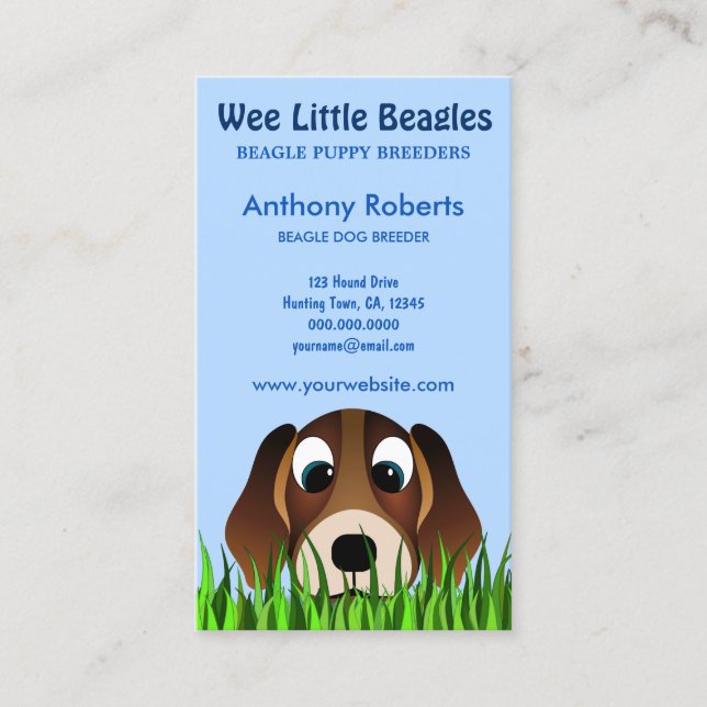 Cute Cartoon Beagle Puppy Dog in Grass Breeder Business Card (Front)