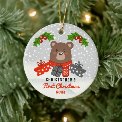 Cute Cartoon Bear Babys First Christmas Photo Cer Ceramic Ornament