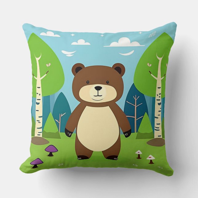 Cute Cartoon Bear in a Magical Forest Scene Throw Pillow (Front)