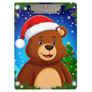 Cute Cartoon Bear in Santa Hat With Christmas Tree Clipboard
