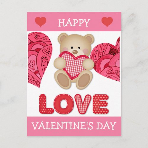 Cute Cartoon Bear Pink Red Hearts Valentines Day Postcard