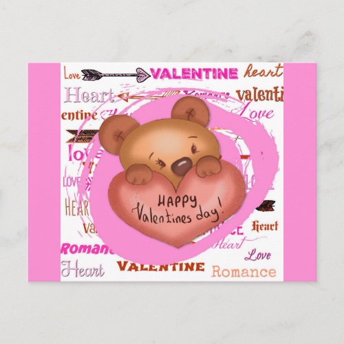 Cute Cartoon Bear Pink Valentines Day Postcard