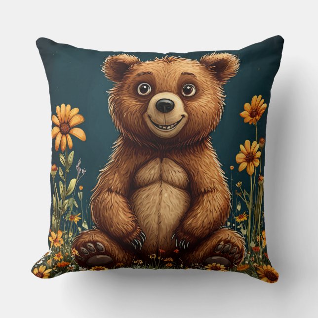 Cute Cartoon Bear Sitting Happily Throw Pillow (Front)