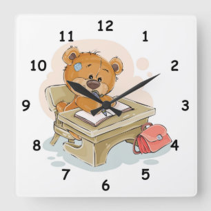 Cute Cartoon Bear Writing a Book Square Wall Clock