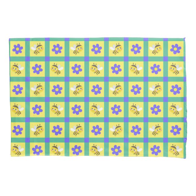 Cute Cartoon Bee and Flower Pattern Pillow Case (Front)