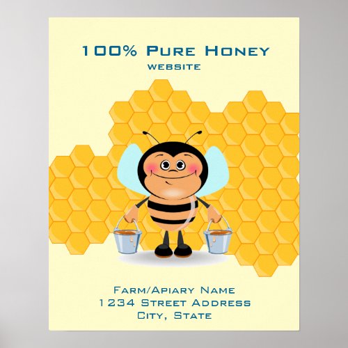 Cute Cartoon Bee Carrying Buckets of Honey Busines Poster