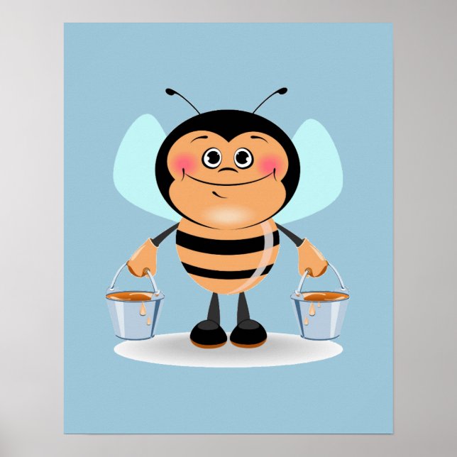 Cute Cartoon Bee Carrying Buckets of Honey Poster (Front)