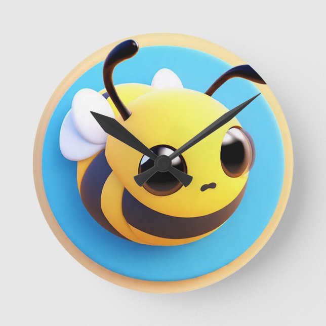 Cute Cartoon Bee Character With Large Eyes Round Clock (Front)