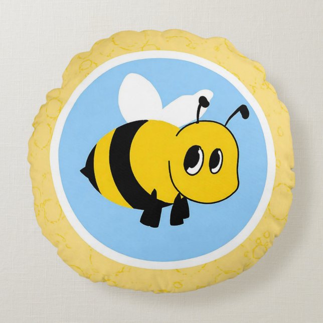 Cute Cartoon Bee Character With Large Eyes Round Pillow (Front)