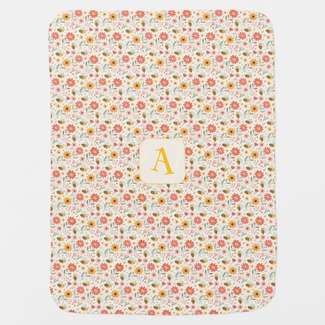Cute cartoon bee flower green pattern initial baby blanket (Front)