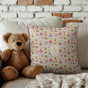 Cute cartoon bee flower green pattern monogram throw pillow