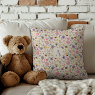Cute cartoon bee flower pastel pattern monogram throw pillow