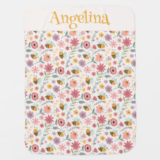Cute cartoon bee flower pink pattern monogram baby blanket