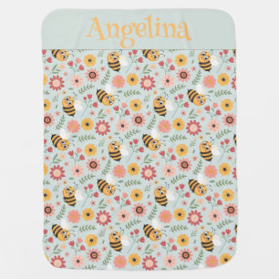 Cute cartoon bee flower yellow pattern monogram baby blanket